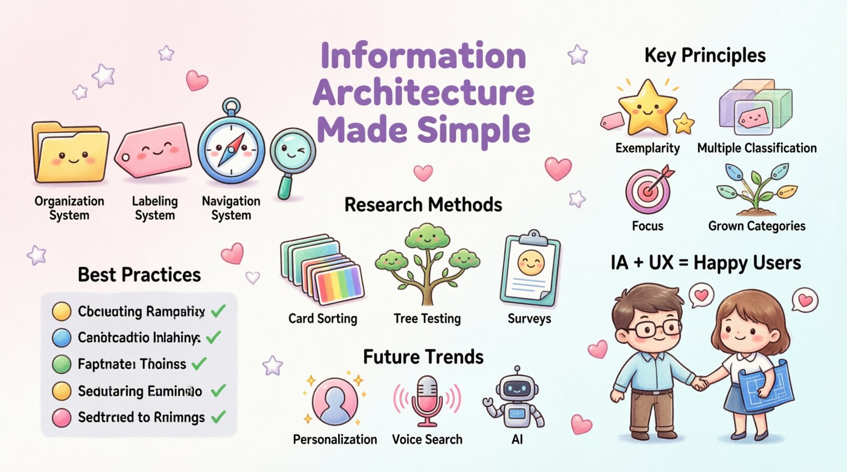 Kawaii-style infographic summarizing Information Architecture principles for better user experience, featuring the four pillars (organization, labeling, navigation, search), content organization methods, user research techniques like card sorting and tree testing, and best practices with cute pastel illustrations and friendly icons