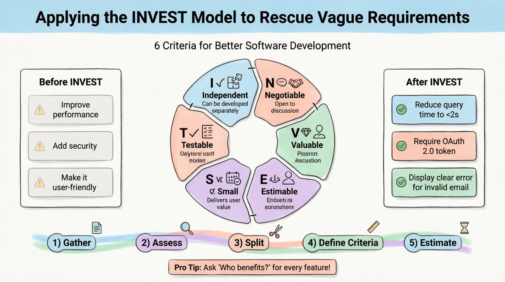 Flat design infographic explaining the INVEST model for refining vague software requirements: Independent, Negotiable, Valuable, Estimable, Small, and Testable criteria with icons, before/after examples of user stories, and a 5-step refinement workflow, using pastel colors and rounded shapes for student-friendly learning