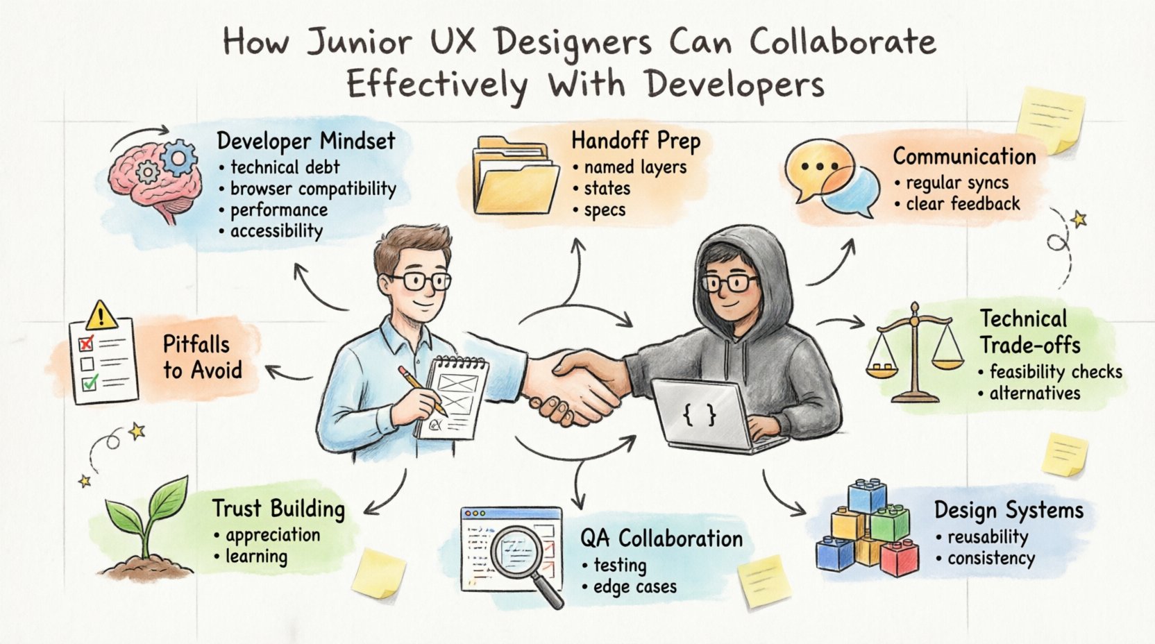 Hand-drawn infographic summarizing key strategies for junior UX designers to collaborate effectively with developers: understanding developer mindset (technical debt, accessibility, performance), preparing organized handoffs with clear specs, establishing communication protocols, navigating technical trade-offs, leveraging design systems, QA collaboration, building long-term trust, and avoiding common pitfalls like vague feedback or last-minute changes.