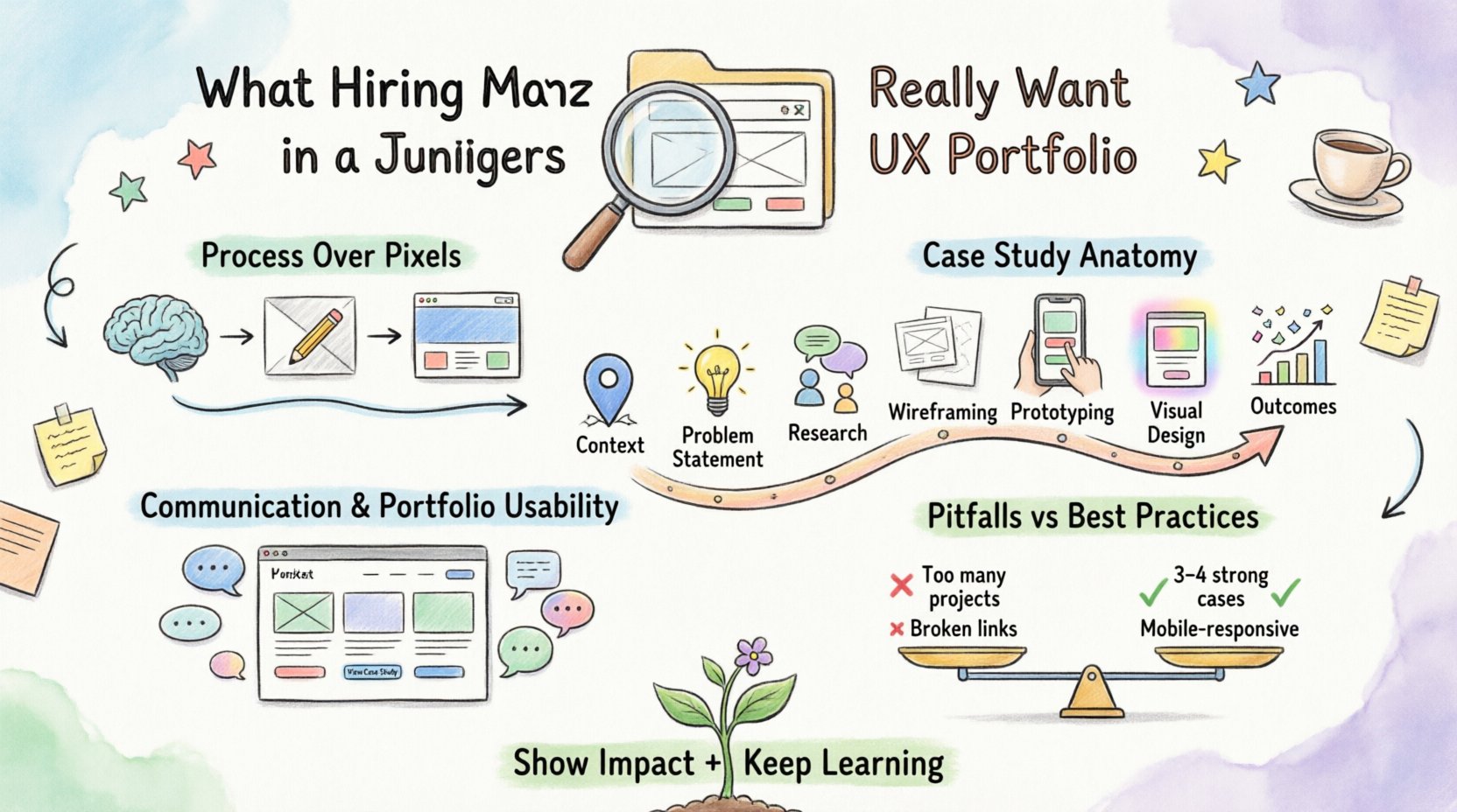 Whimsical infographic illustrating key elements hiring managers seek in junior UX portfolios: process-over-pixels mindset, 7-step case study structure (context, problem, research, wireframing, prototyping, visuals, outcomes), common pitfalls vs best practices, communication skills, portfolio usability, and impact metrics - presented with playful hand-drawn illustrations, pastel colors, and scannable visual hierarchy