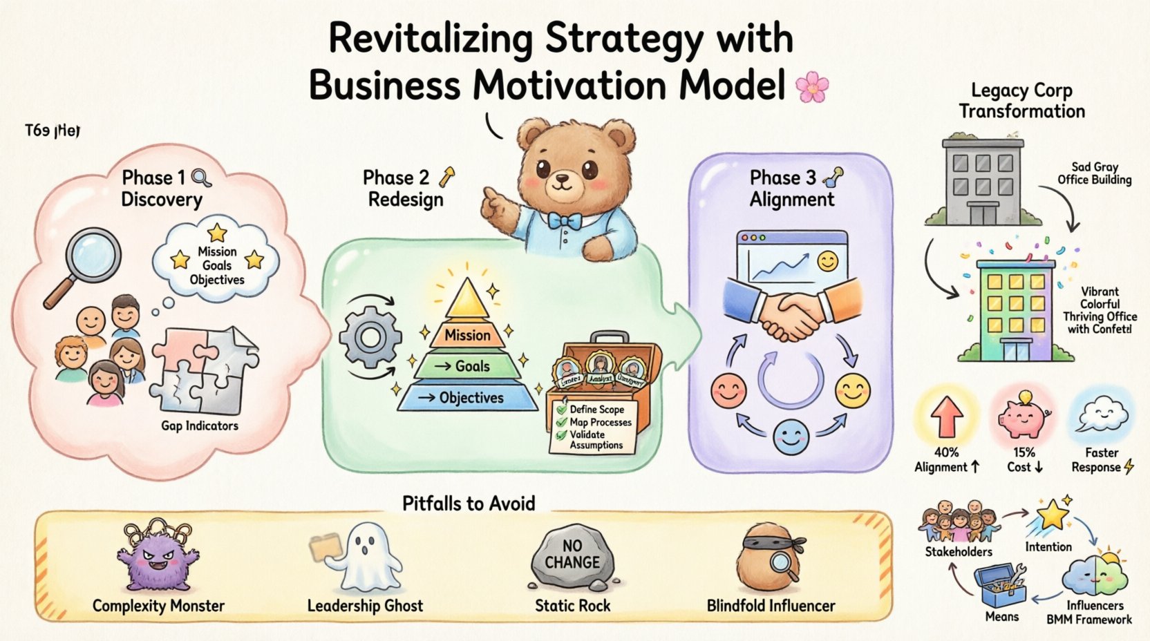 Kawaii-style infographic illustrating how the Business Motivation Model helps organizations overcome strategic stagnation, featuring cute characters guiding through Discovery, Redesign, and Alignment phases, with visual metrics showing 40% improved alignment, 15% cost reduction, and faster market response from the Legacy Corp case study