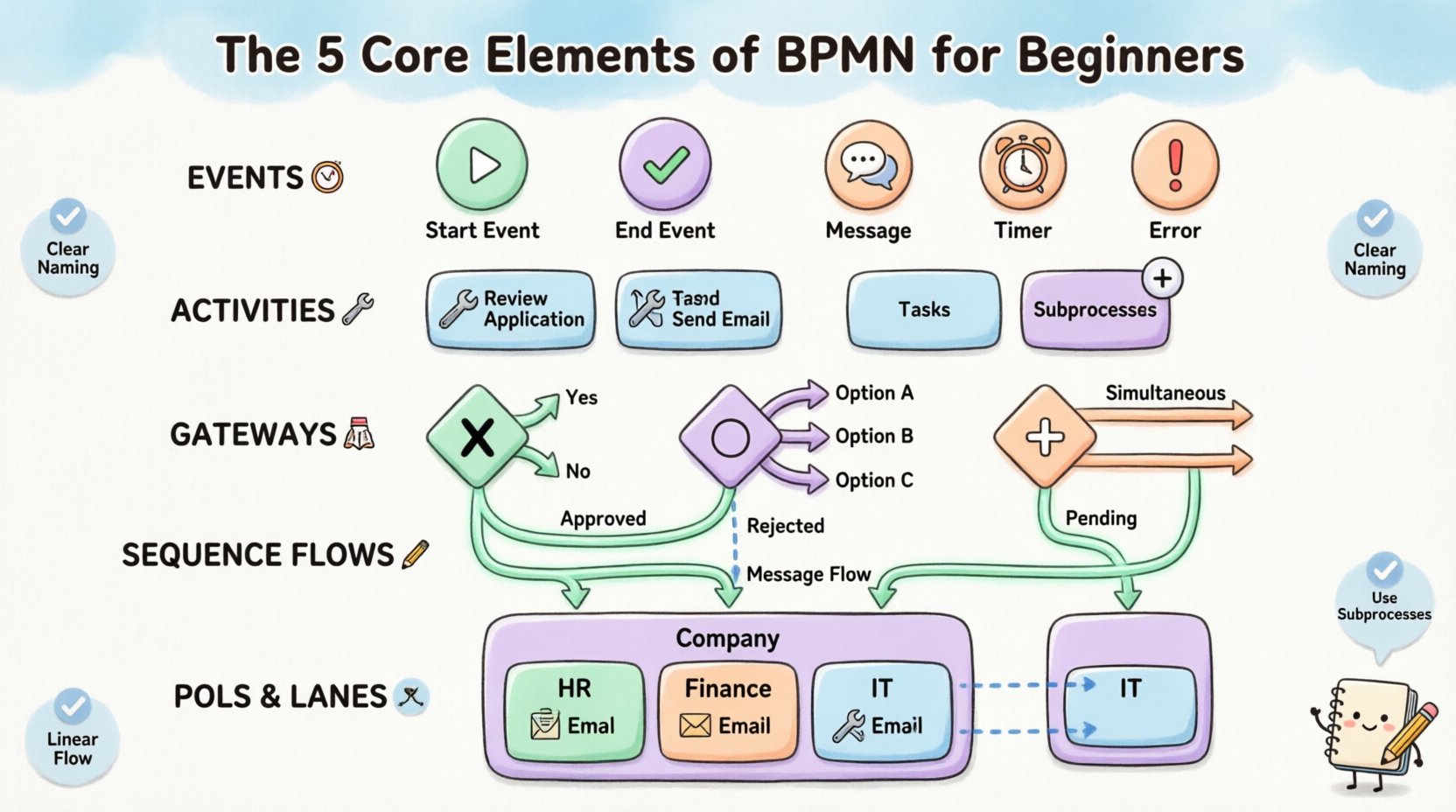 Kawaii-style infographic teaching the 5 core BPMN elements for beginners: Events (start/end/intermediate circles), Activities (task rectangles and subprocesses), Gateways (XOR/OR/AND decision diamonds), Sequence Flows (directional arrows), and Pools/Lanes (organizational containers), rendered in soft pastel colors with cute character designs and clear English labels for process modeling education