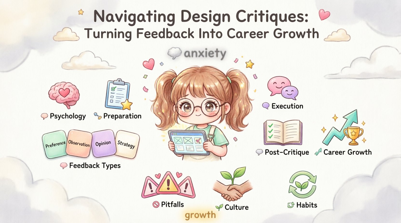 Adorable kawaii-style infographic in 16:9 format illustrating how designers can transform feedback from design critiques into career advancement, featuring pastel colors, cute icons for psychology, preparation, active listening, feedback categorization, and professional growth strategies