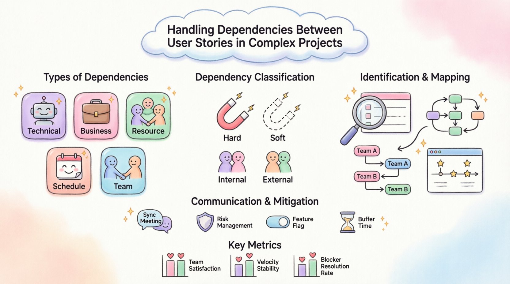 Cute kawaii-style infographic illustrating how to manage dependencies between user stories in agile projects, featuring pastel-colored puzzle pieces, friendly icons for technical business resource schedule and team dependencies, visual mapping techniques like dependency graphs and swimlane diagrams, communication strategies, mitigation approaches including decoupling and feature flags, and key metrics for continuous improvement, all designed with simplified rounded vector shapes in soft pink lavender mint and peach tones