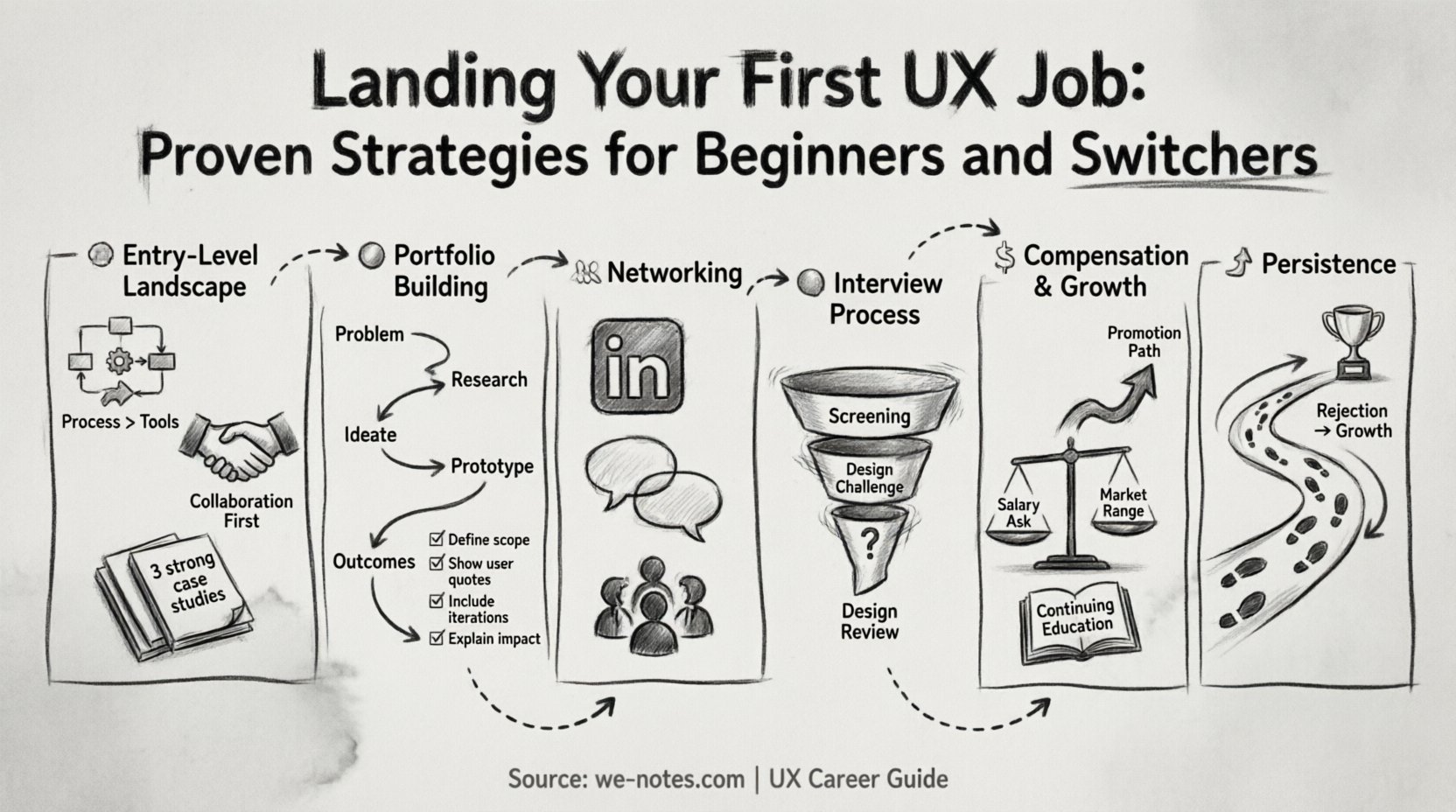 Charcoal sketch style infographic summarizing proven strategies for landing your first UX job: six key sections cover understanding the entry-level landscape (process-centric skills, collaboration), building a standout portfolio (case study structure, checklist), strategic networking (LinkedIn, events), navigating interviews (screening, design challenges, reviews), compensation negotiation and career growth, and persistence through rejection. Hand-drawn monochrome aesthetic with icons, flowcharts, and sketched typography on textured paper background, 16:9 layout.