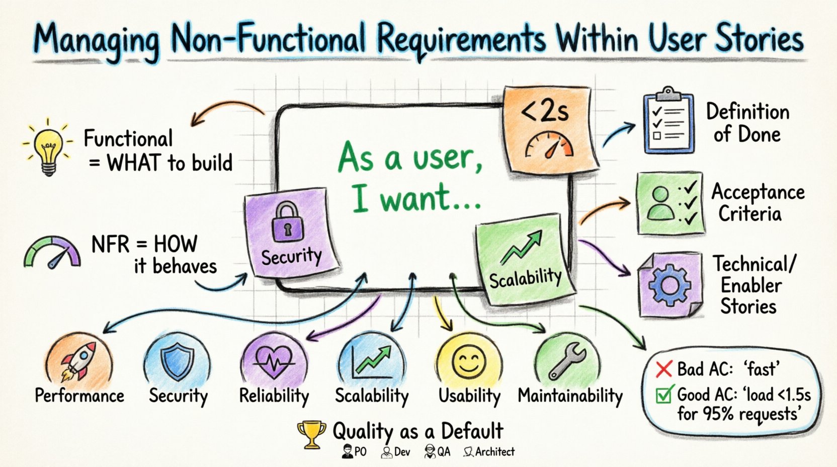 Marker-style infographic illustrating how to manage Non-Functional Requirements within Agile User Stories, featuring functional vs NFR comparison, three integration strategies (Definition of Done, Acceptance Criteria, Technical Stories), six key NFR categories with metrics, bad vs good acceptance criteria examples, and team collaboration roles for quality-driven software development