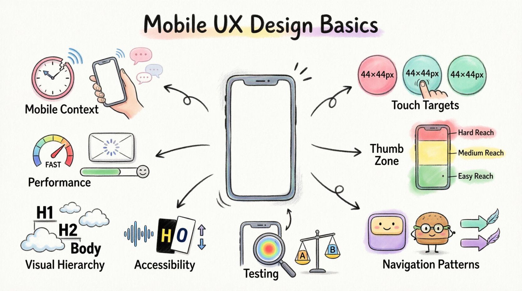 Whimsical infographic illustrating mobile UX design fundamentals: touch target sizing (44x44px), thumb zone reachability map, navigation patterns (tab bars, hamburger menus), visual hierarchy with typography and whitespace, performance optimization techniques, accessibility best practices for screen readers and color contrast, common pitfalls to avoid, and testing methods—all designed for creating intuitive experiences on small mobile screens