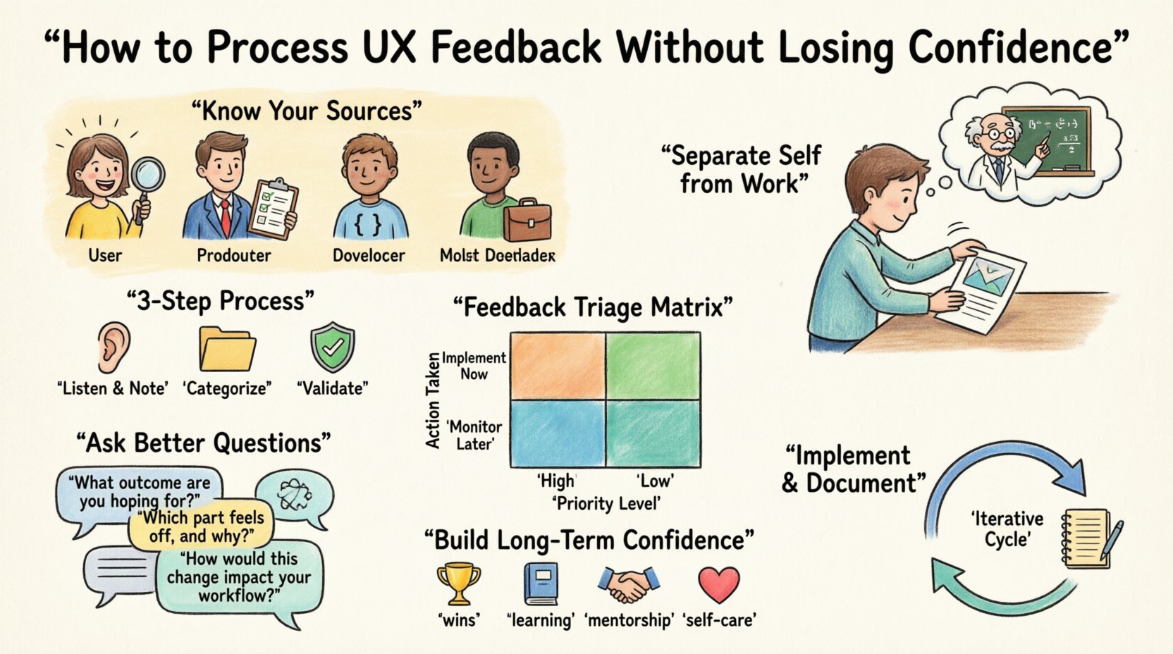Cartoon infographic: How to Process UX Feedback Without Losing Confidence - covering feedback sources (users, PMs, developers, stakeholders), cognitive separation techniques, 3-step processing framework (listen, categorize, validate), feedback triage matrix, clarifying questions to ask, implementation strategies, and confidence-building habits for UX designers