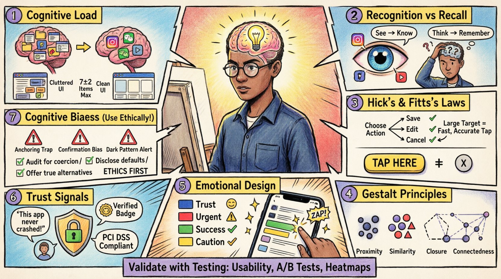 Comic book style infographic summarizing core UX psychology principles: cognitive load, recognition vs recall, Hick's and Fitts's laws, Gestalt perception, emotional design, trust signals, cognitive biases, and validation methods for new designers