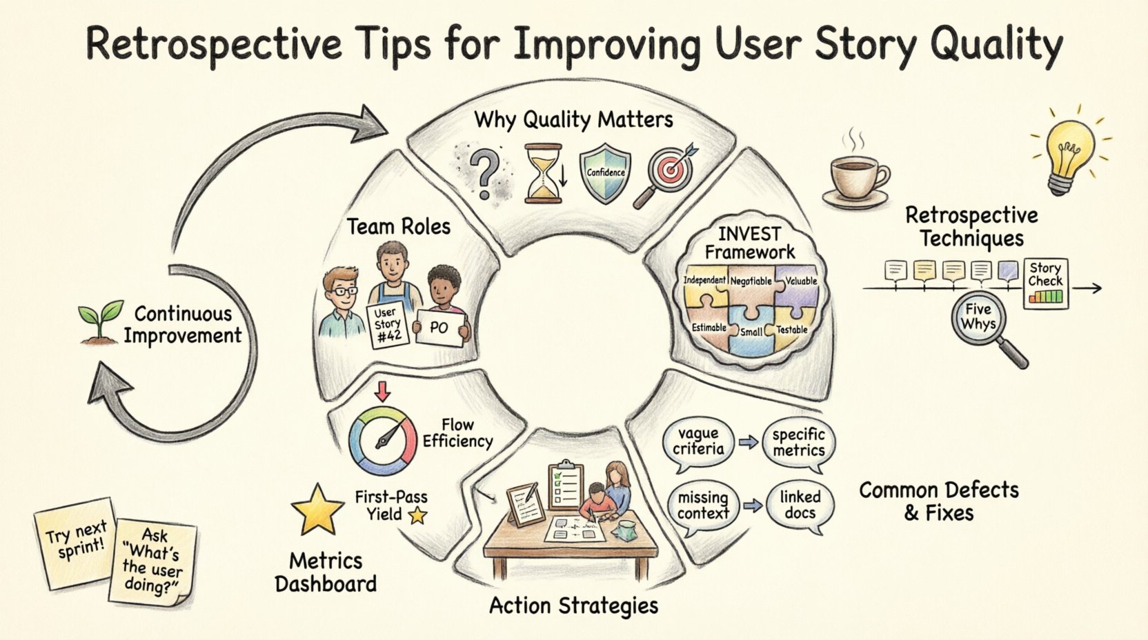 Hand-drawn infographic illustrating retrospective strategies to improve user story quality: features INVEST framework checklist, five quality techniques (timeline, Five Whys, health check), common story defects with fixes, actionable improvement strategies, key metrics to track, and role-specific contributions, all arranged in a clockwise visual flow with thick outline strokes and warm illustrative style