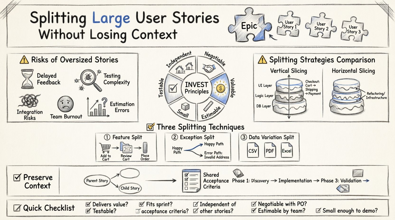 Sketch-style infographic illustrating strategies for splitting large user stories in agile software development without losing context. Features the INVEST principles (Independent, Negotiable, Valuable, Estimable, Small, Testable), comparison of vertical vs horizontal slicing techniques, three core splitting methods (feature split, exception handling, data variations), risks of oversized stories including delayed feedback and team burnout, context preservation tactics like epic linking and user story mapping, and a practical checklist for effective story decomposition. Designed for product owners, scrum masters, and development teams seeking to improve sprint predictability and deliver incremental user value.