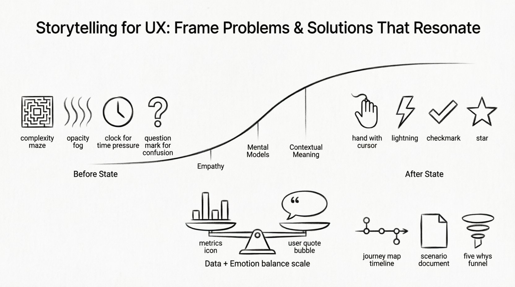 Line art infographic illustrating UX storytelling framework: shows user journey from problem state with conflict antagonists (complexity, opacity, time pressure, confusion) through narrative bridge pillars (empathy, mental models, contextual meaning) to transformed after-state with agency, efficiency, relief and delight; includes data-emotion balance scale and practical techniques like journey mapping, scenario writing, and five whys method