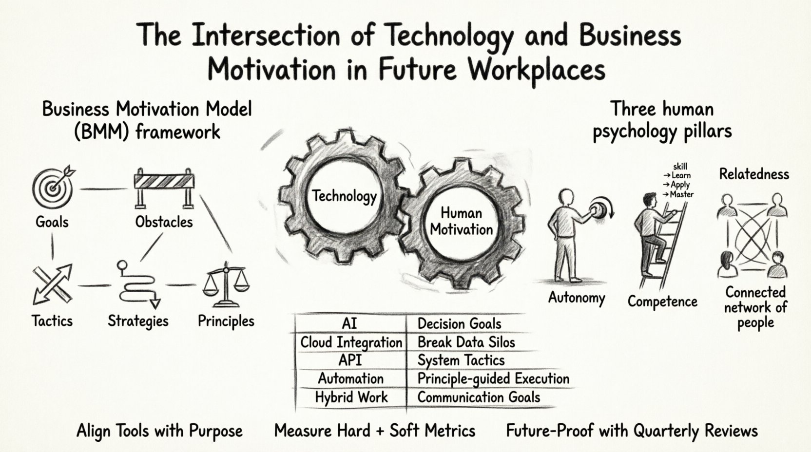 Charcoal sketch infographic illustrating the intersection of technology and business motivation in future workplaces, featuring the Business Motivation Model (BMM) framework with Goals, Obstacles, Tactics, Strategies, and Principles, mapped to AI, cloud integration, automation, and hybrid work trends, alongside human motivation factors: autonomy, competence, and relatedness