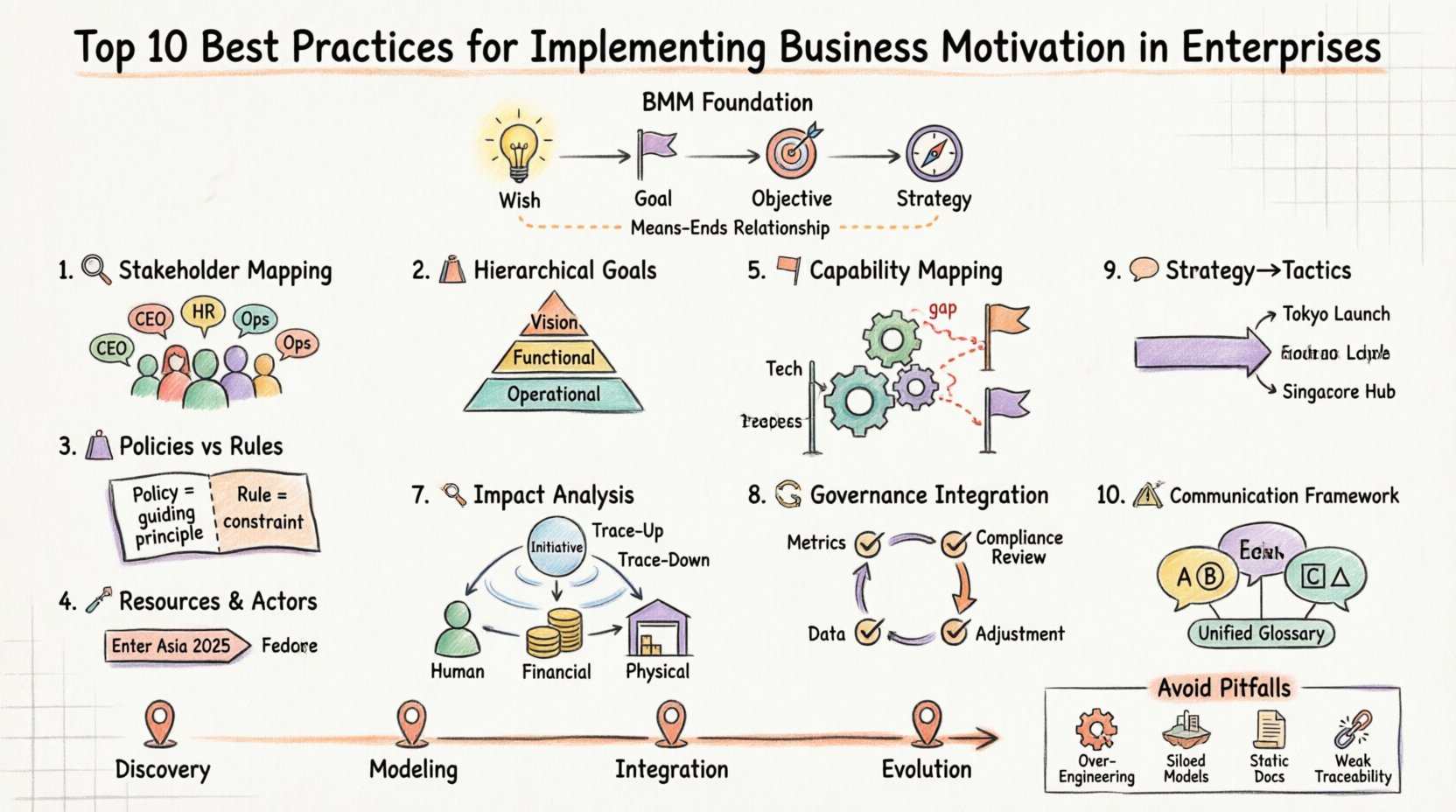 Marker-style infographic showing the top 10 best practices for implementing the Business Motivation Model (BMM) in enterprises, featuring stakeholder mapping, hierarchical goal structures, policy vs rule distinctions, strategy-tactic linkage, capability mapping, resource definition, impact analysis, governance integration, adaptation loops, and communication frameworks, with a phased implementation timeline and BMM foundation diagram