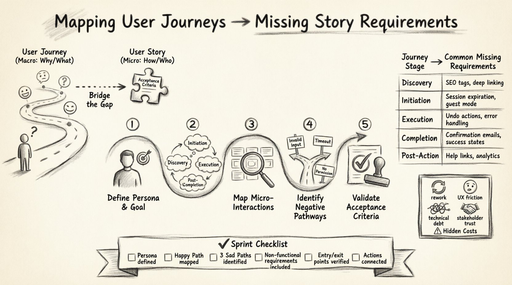 Charcoal sketch infographic illustrating how to map user journeys to identify missing story requirements in software development. Features a 5-step framework (Define Persona, Outline Stages, Map Interactions, Identify Negative Pathways, Validate Criteria), a visual comparison of User Journey vs User Story, a stage-to-requirements mapping table, hidden cost warnings, and a sprint-ready checklist—all rendered in hand-drawn contour style with monochrome shading for intuitive comprehension.
