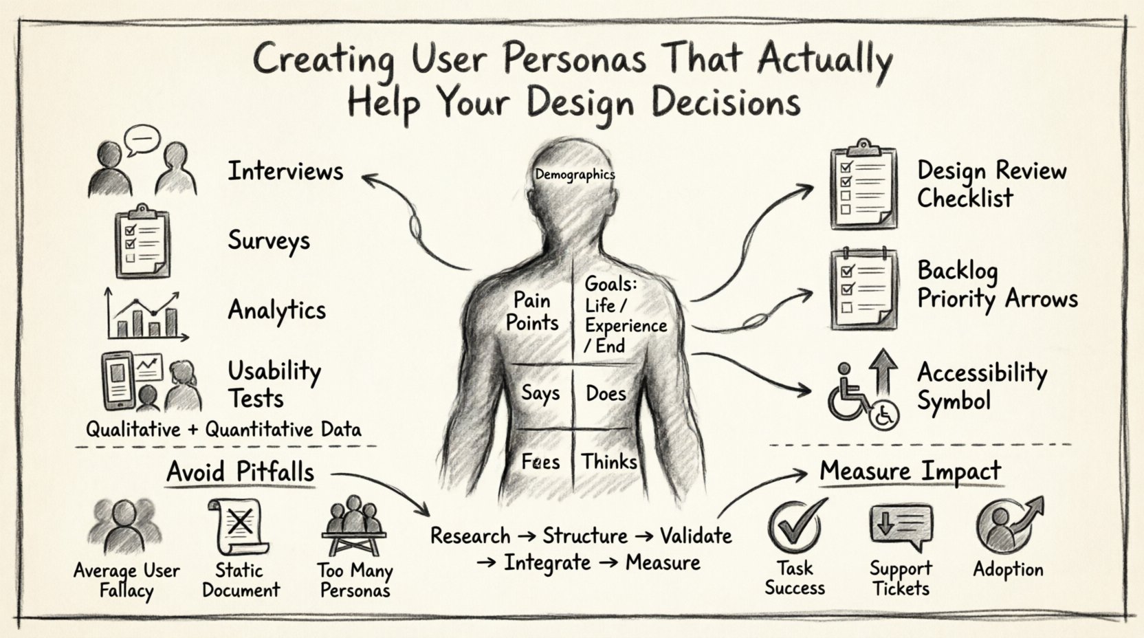 Charcoal sketch infographic illustrating the complete process of creating effective user personas for design decisions, including research methods (interviews, surveys, analytics), persona structure with demographics and three-tier goals, empathy map quadrants (Says/Thinks/Does/Feels), validation checklist, workflow integration for design reviews and backlog prioritization, common pitfalls like average user fallacy and static documents, and impact metrics such as task success rates and adoption tracking