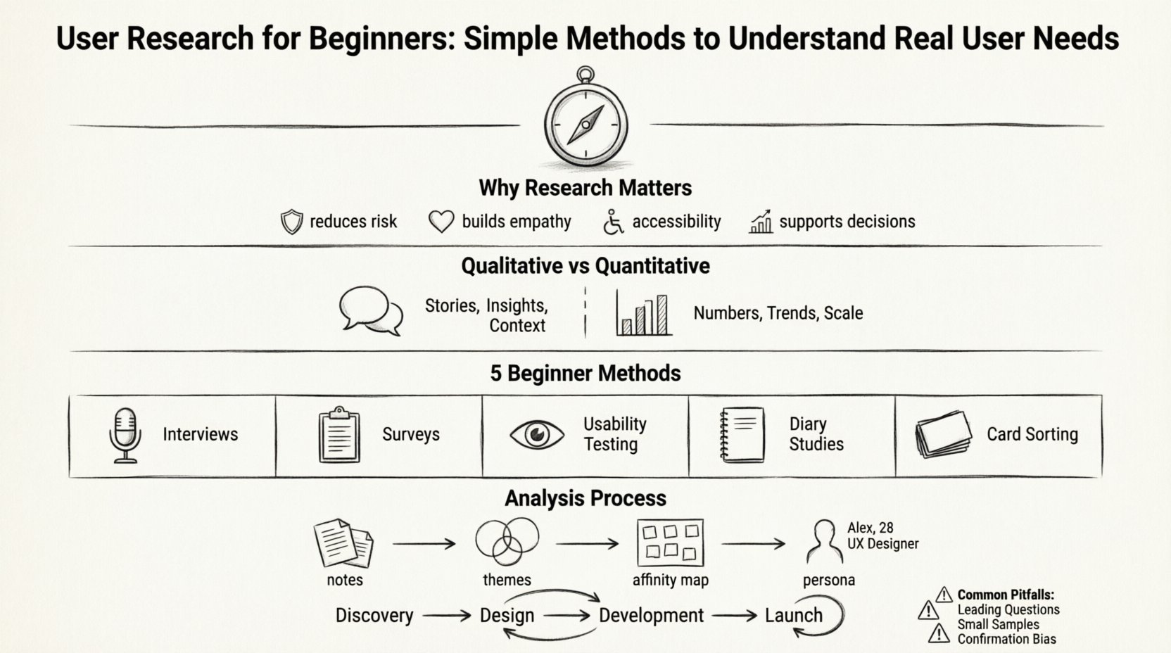 Line art infographic summarizing user research fundamentals for UX beginners: compass metaphor for research direction, why research matters (risk reduction, empathy, accessibility, decision support), qualitative vs quantitative comparison, five beginner-friendly methods (interviews, surveys, usability testing, diary studies, card sorting), data analysis workflow (transcribe, theme identification, affinity mapping, personas), common pitfalls to avoid, and research integration throughout product development lifecycle