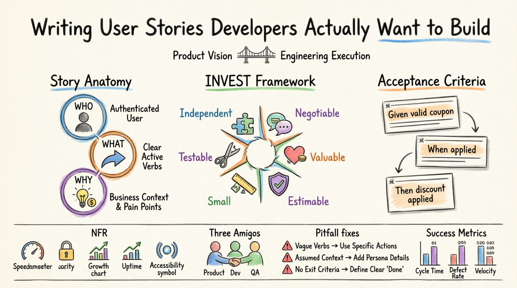 Marker illustration infographic showing how to write effective user stories for developers, featuring the INVEST framework checklist, acceptance criteria Given/When/Then structure, non-functional requirements categories, Three Amigos collaboration model, and success metrics in a colorful hand-drawn style with bold outlines and vibrant watercolor fills