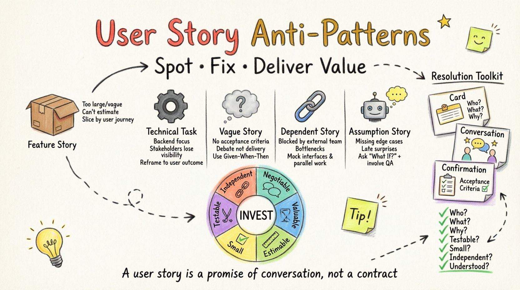 Marker-style infographic illustrating common Agile user story anti-patterns: Feature Story (too large), Technical Task (no user value), Vague Story (missing acceptance criteria), Dependent Story (external blockers), and Assumption Story (untested edge cases). Features the INVEST model criteria (Independent, Negotiable, Valuable, Estimable, Small, Testable), resolution strategies like story slicing and Given-When-Then formatting, the Three C's framework (Card, Conversation, Confirmation), and a quality checklist for refining backlog items. Hand-drawn illustration with vibrant colors, playful icons, and clear visual hierarchy for Agile teams.