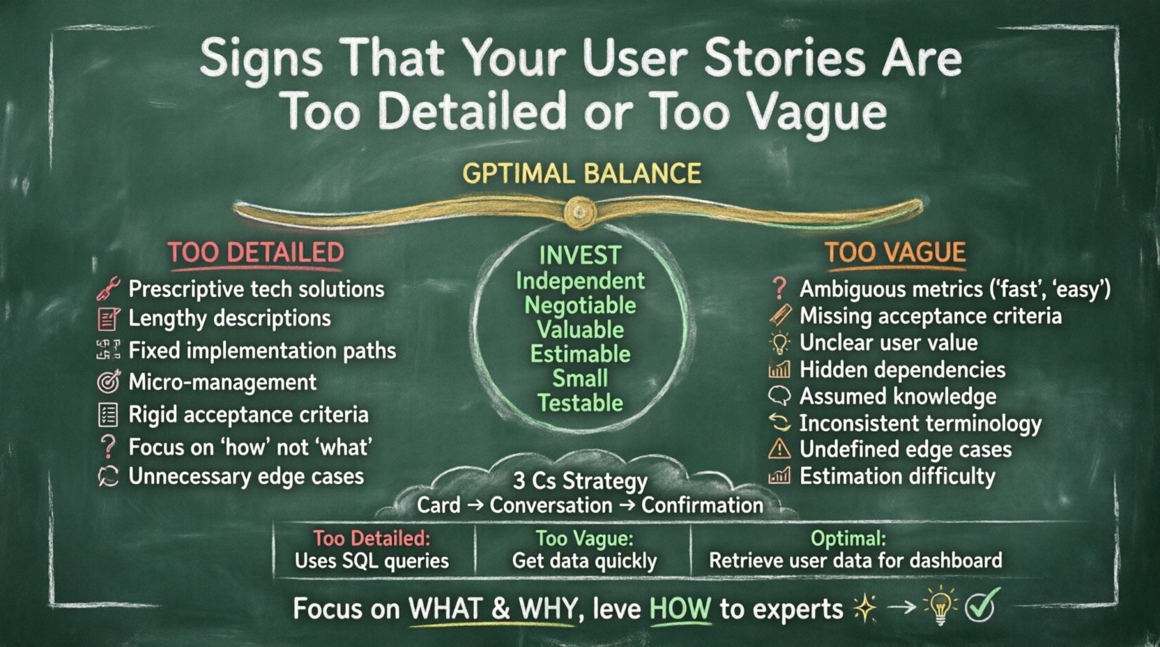 Chalkboard-style educational infographic illustrating signs that agile user stories are too detailed or too vague, featuring a Goldilocks Zone balance scale, red flags for over-specification, warning signs for ambiguity, the INVEST model criteria, and practical refinement strategies for optimal story writing