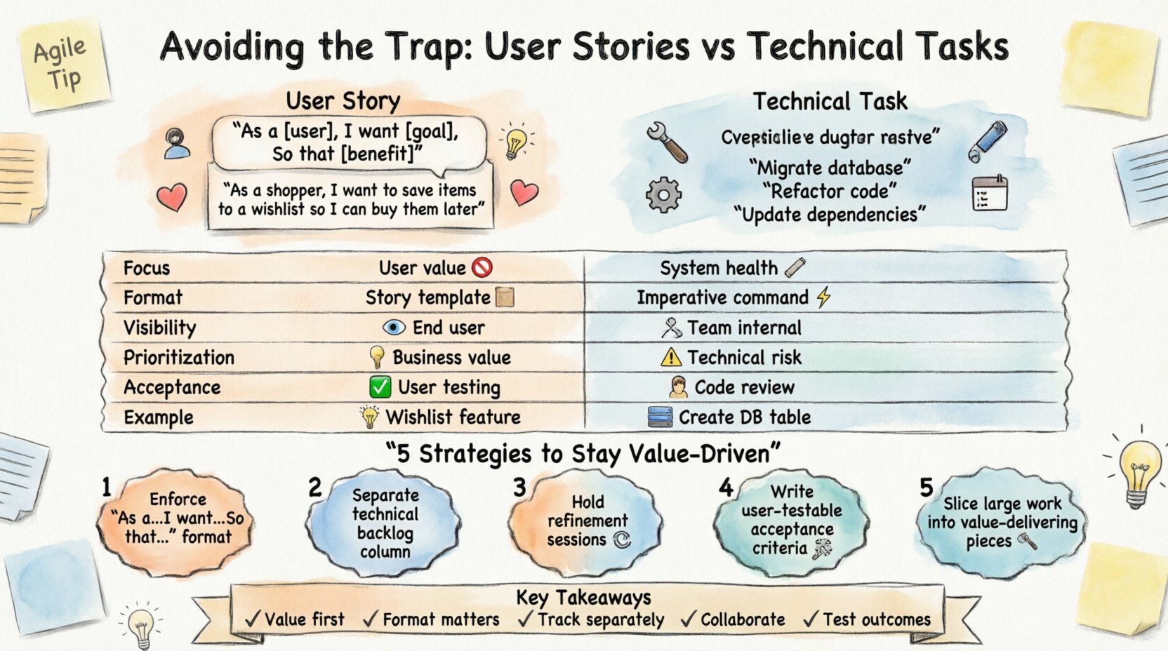 Hand-drawn infographic comparing user stories and technical tasks in agile development, illustrating the As-a-user-I-want-goal-So-that-benefit format versus implementation-focused technical work, featuring a side-by-side comparison table of focus, format, visibility, prioritization, acceptance criteria, and real-world examples, plus five actionable strategies to maintain a value-driven backlog and key takeaways for agile teams to avoid confusing tasks with user stories