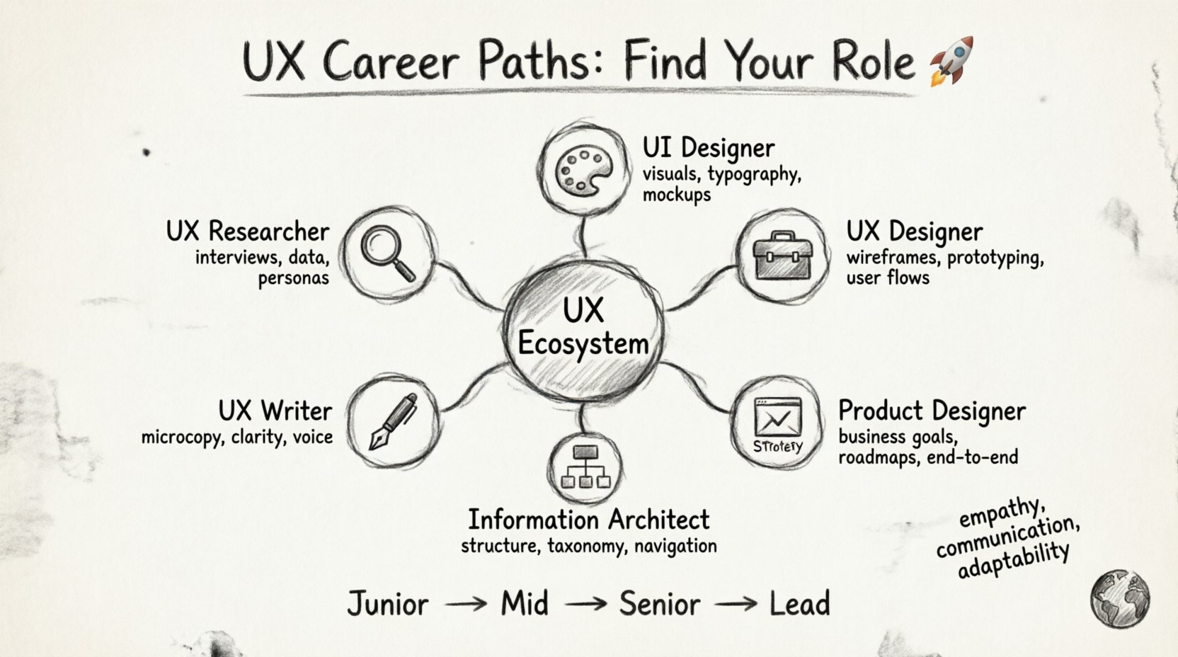 Charcoal sketch infographic illustrating UX career paths: central UX ecosystem hub branching to six rolesβUX Researcher (data, interviews, personas), UI Designer (visuals, typography, mockups), UX Designer (wireframes, prototyping, flows), Product Designer (strategy, roadmaps, business goals), Information Architect (structure, taxonomy, navigation), UX Writer (microcopy, clarity, voice)βplus career progression ladder from Junior to Lead and essential soft skills cloud, all rendered in hand-drawn contour style with cross-hatching shading