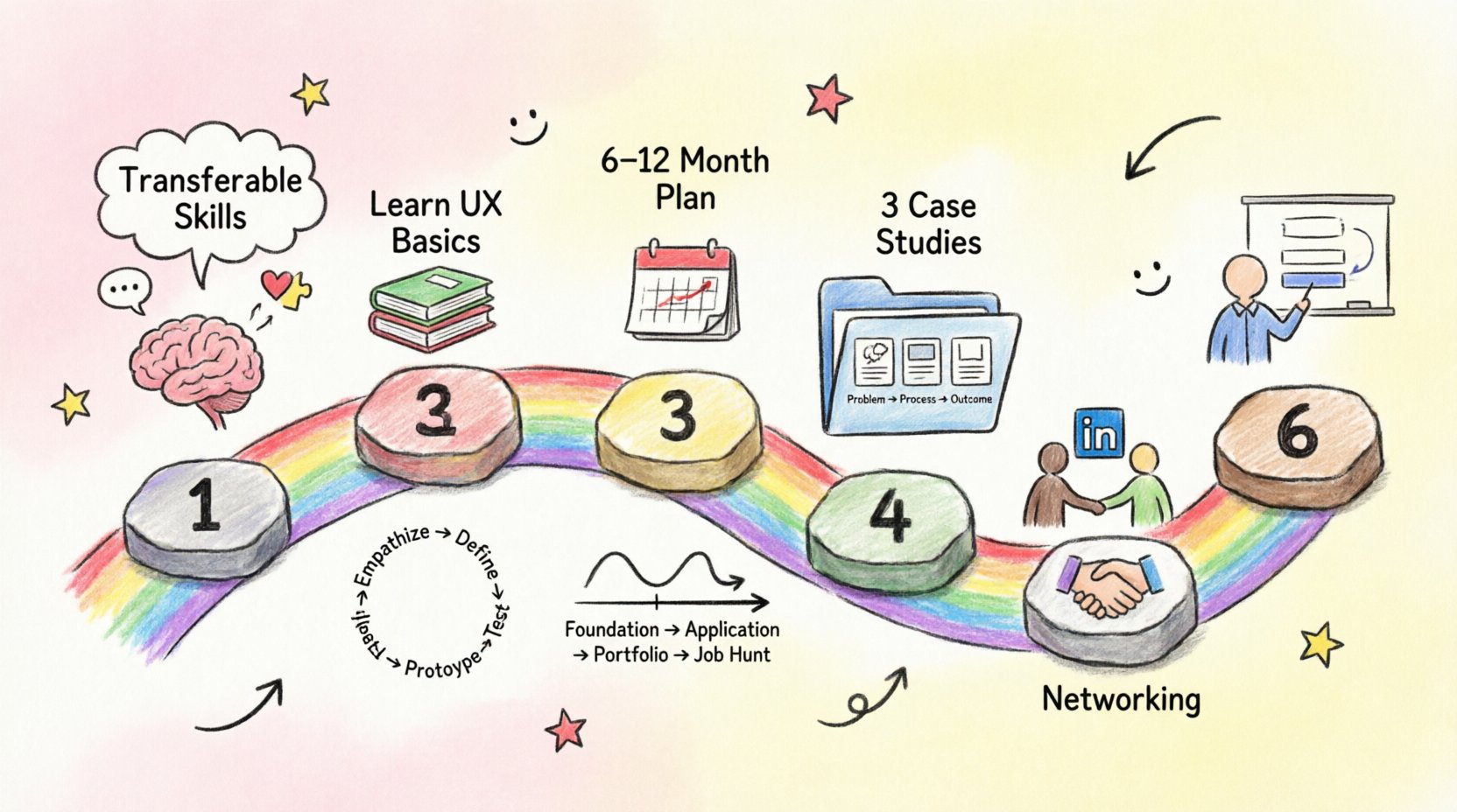 Child's crayon-style infographic showing a 6-phase roadmap for switching careers to UX design: assessing transferable skills, learning UX fundamentals (Design Thinking, research, wireframing), following a 6-12 month timeline, building a portfolio with case studies, networking for job search, and preparing for UX interviews, with playful icons and a winding path layout in 16:9 format