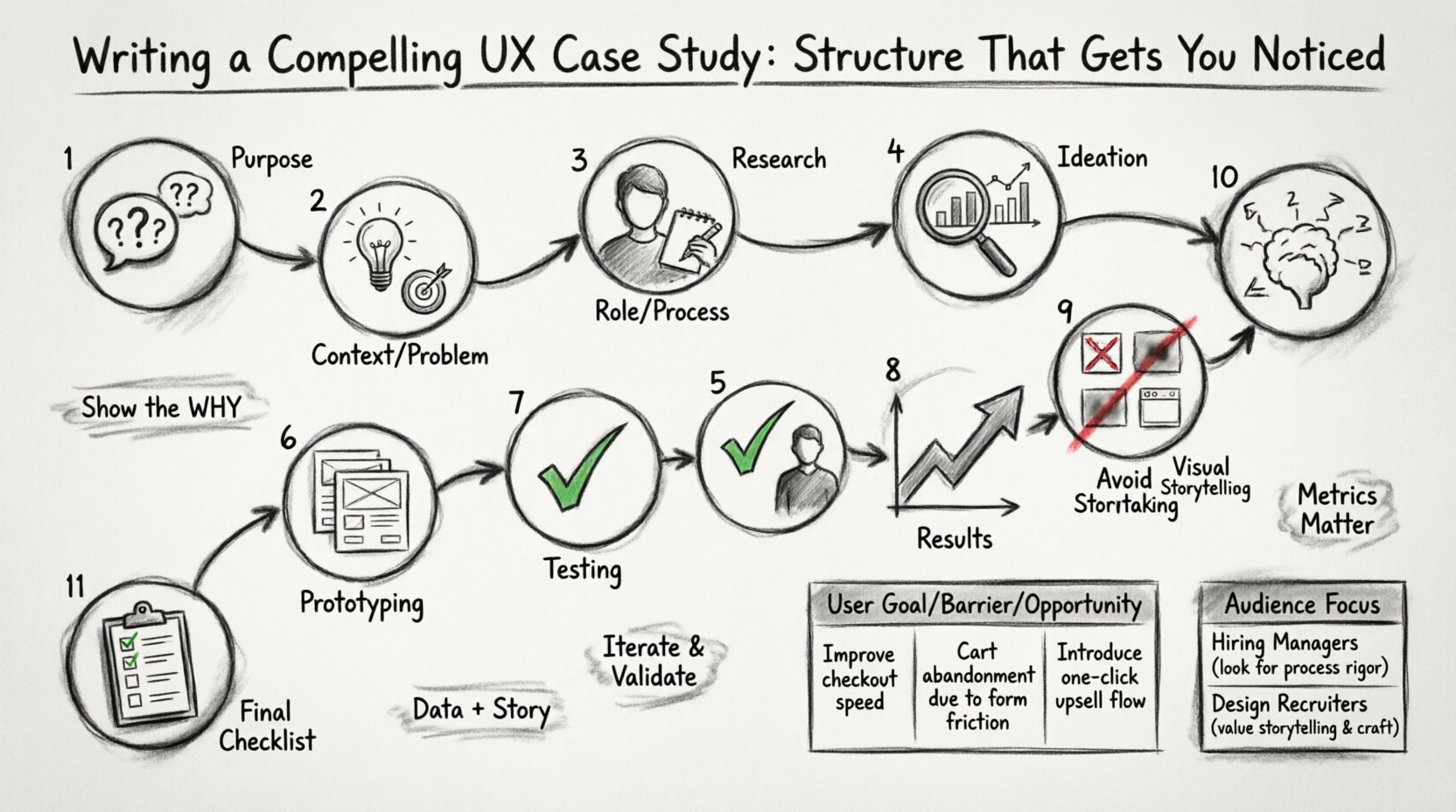 Charcoal contour sketch infographic mapping the 11-step framework for writing a compelling UX case study: purpose (3 core questions), problem statement, role clarification, research methods, ideation sketches, prototyping fidelity, usability testing, measurable results, visual storytelling techniques, common pitfalls to avoid, audience-specific tailoring, and final portfolio checklist, with hand-drawn icons, flow arrows, and annotated tables illustrating user goals vs. barriers and stakeholder focus areas.
