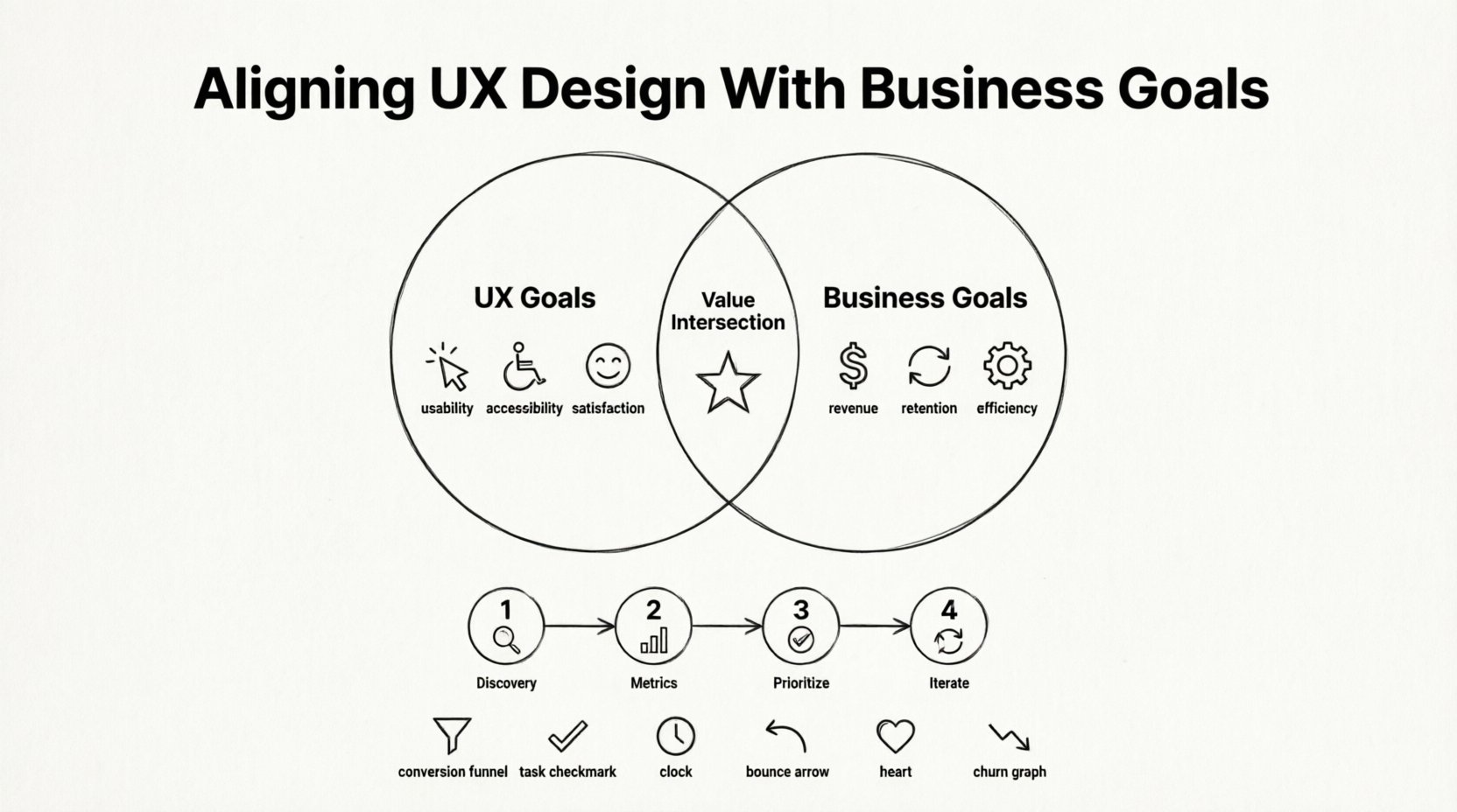 Line art infographic illustrating how to align UX design with business goals. Features a central Venn diagram showing UX Goals (usability, accessibility, user satisfaction) overlapping with Business Goals (revenue generation, customer retention, operational efficiency) at a 'Value Intersection'. Below, a four-step alignment framework flowchart: Discovery & Research, Define Success Metrics, Prioritize Features, and Iterate Based on Data. Bottom row displays key shared KPIs: conversion rate, task success rate, time on task, bounce rate, customer satisfaction, and churn rate. Minimalist black-and-white technical illustration style on 16:9 canvas, designed for beginner UX professionals seeking to bridge design and business objectives.