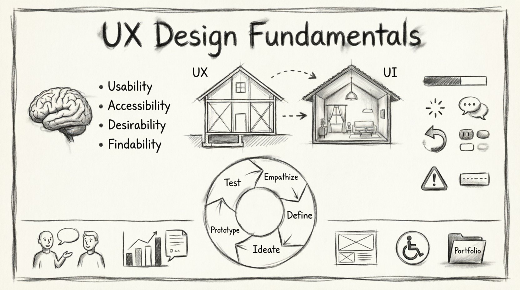 Charcoal sketch infographic summarizing UX design fundamentals for beginners: covers user experience pillars (usability, accessibility, desirability, findability), UX vs UI comparison with house blueprint analogy, five-stage Design Thinking process (Empathize, Define, Ideate, Prototype, Test), six core usability principles, user research methods, information architecture, wireframing, accessibility guidelines, common beginner mistakes, and portfolio building tips - all presented in hand-drawn contour style with sketched icons and diagrams
