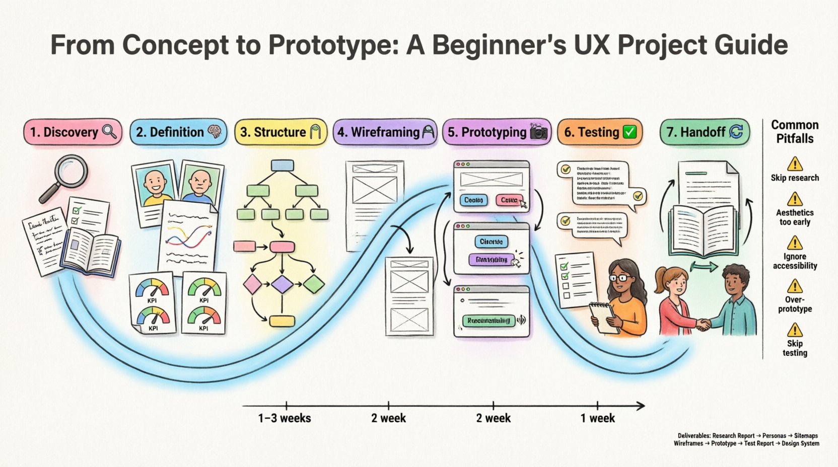 Cartoon infographic illustrating the 7-phase UX design process for beginners: Discovery (user research, problem statements), Definition (personas, journey maps, KPIs), Information Architecture (sitemaps, user flows), Wireframing (low-fi sketches to digital layouts), Prototyping (interactive models with states), Usability Testing (user sessions, feedback analysis), and Handoff (specs, developer collaboration). Includes timeline estimates (1-3 weeks per phase), key deliverables checklist, and common pitfalls to avoid. Visual style features colorful icons, diverse cartoon characters, and a clear left-to-right workflow path on a 16:9 layout.