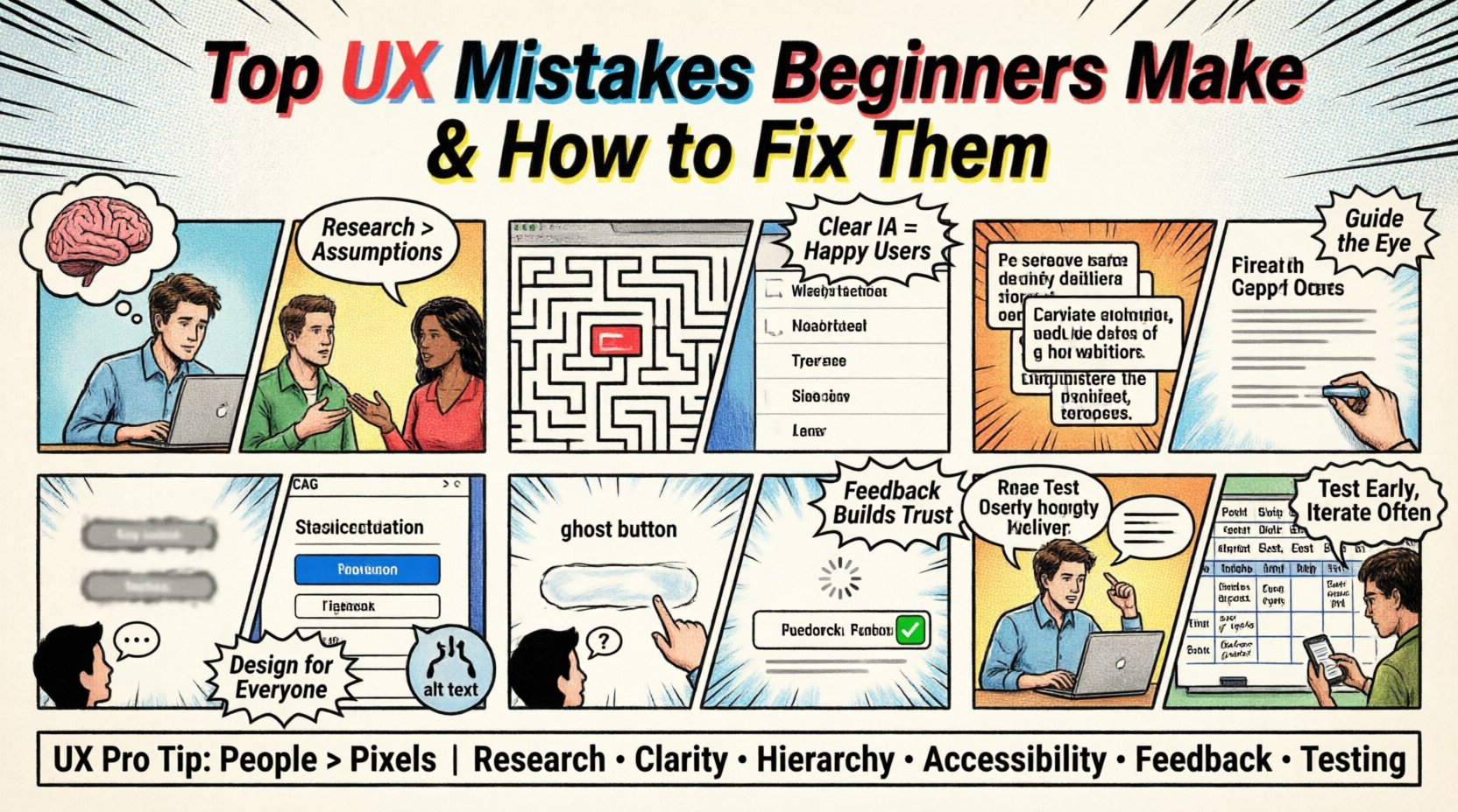 Comic book style infographic summarizing six common UX mistakes beginners make: ignoring user research, poor navigation, weak visual hierarchy, overlooking accessibility, missing system feedback, and skipping usability testing—each paired with actionable fixes, presented in vibrant comic panels with bold typography and icons.