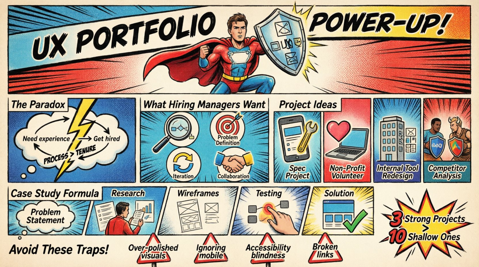Comic book style infographic summarizing how to build a standout UX portfolio without professional experience: features superhero designer character, key hiring manager priorities (process transparency, problem definition, iteration, collaboration), four project sourcing strategies (spec projects, non-profit volunteering, internal tool redesigns, competitor analysis), six-step case study formula, common pitfalls to avoid, and final portfolio checklist—all presented with bold outlines, vibrant colors, speech bubbles, and dynamic comic panels in 16:9 format
