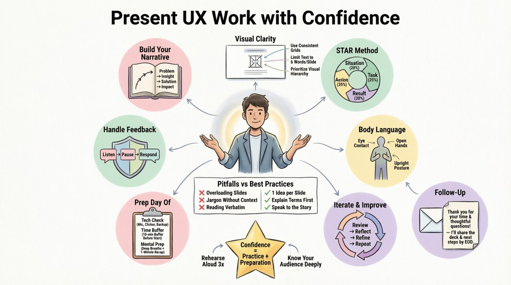 Cartoon infographic: 10 strategies to present UX work with confidence including narrative storytelling, STAR method structure, visual clarity tips, feedback handling techniques, body language best practices, common pitfalls to avoid, presentation prep checklist, follow-up etiquette, and growth mindset for designers in interviews and stakeholder reviews