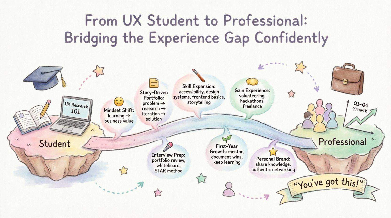 Whimsical infographic showing the journey from UX student to professional designer: a playful bridge path connects graduation cap to career briefcase, highlighting mindset shift, story-driven portfolio creation, skill expansion in accessibility and design systems, gaining experience through volunteering and freelance, interview preparation strategies, first-year growth tips, and personal branding advice—all illustrated with soft pastel colors, hand-drawn icons, and encouraging visual cues