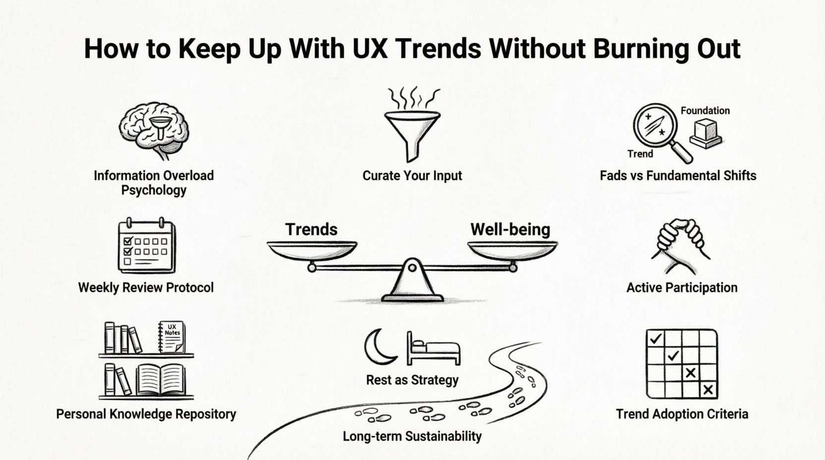 Line art infographic summarizing strategies to stay current with UX design trends while preventing burnout: filtering information overload, distinguishing fads from fundamental shifts, curating learning sources, weekly reviews, active community participation, building a knowledge repository, using a trend adoption matrix, and prioritizing rest for long-term career sustainability.