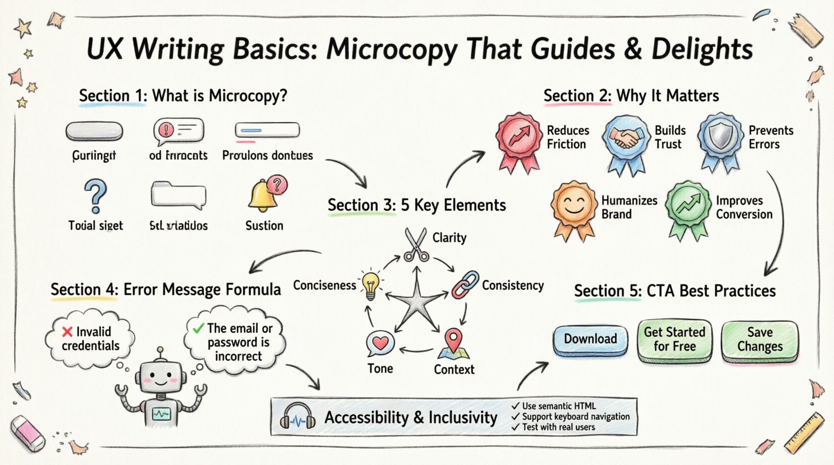 Hand-drawn infographic summarizing UX writing basics: defines microcopy elements (buttons, error messages, form labels, tooltips), explains why microcopy matters (reduces friction, builds trust, prevents errors, humanizes brand, improves conversion), illustrates 5 key elements (conciseness, clarity, consistency, tone, context), shows error message transformation examples, CTA best practices with action verbs, and accessibility tips for inclusive design