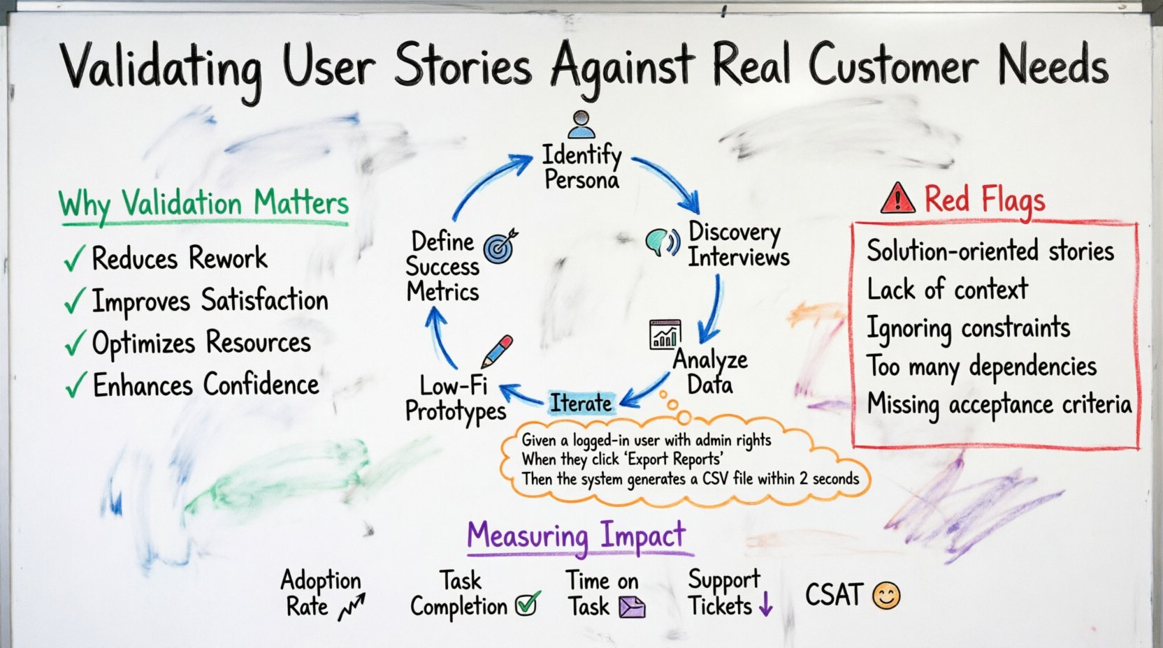 Hand-drawn whiteboard infographic illustrating the 5-step process for validating user stories against real customer needs: identify personas, conduct discovery interviews, analyze data, create prototypes, and define success metrics. Includes benefits of validation, red flags to avoid, Given-When-Then acceptance criteria format, and key impact metrics like adoption rate and CSAT. Visual style uses color-coded markers on a whiteboard background for agile product teams.
