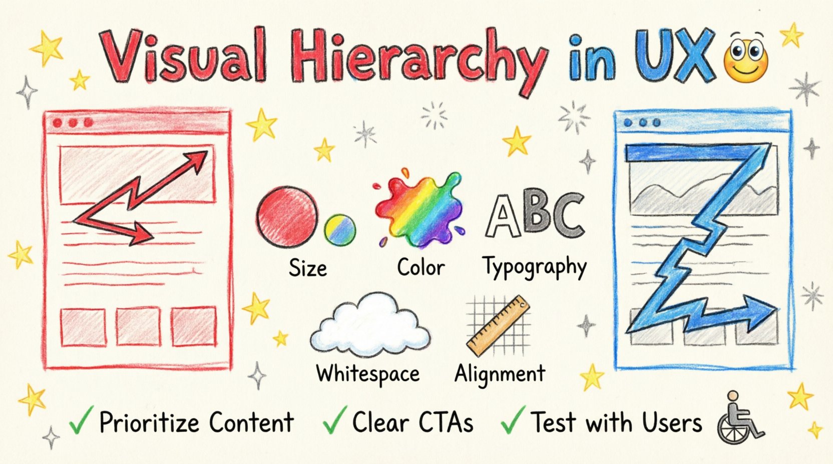 Child's drawing style infographic summarizing visual hierarchy in UX design: shows F-pattern and Z-pattern scanning paths with colorful crayon arrows, five hand-drawn building block icons for size, color, spacing, typography, and alignment, plus accessibility symbols and user testing checklist, all in playful doodle aesthetic with bright primary colors and handwritten text