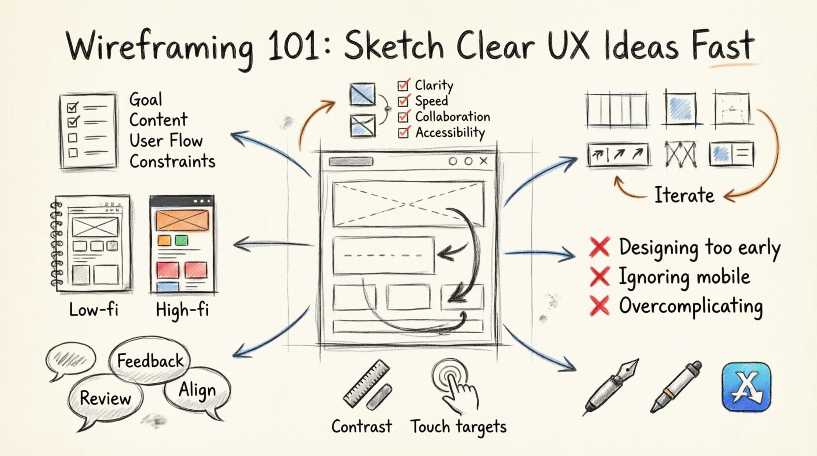 Hand-drawn infographic summarizing Wireframing 101: key steps for sketching effective UX wireframes including preparation, grid layout, hierarchy, navigation, iteration, low-fi vs high-fi comparison, common mistakes to avoid, collaboration tips, accessibility considerations, and success metrics for rapid UX design workflow