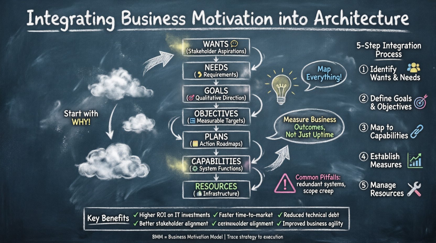 Chalkboard-style educational infographic illustrating how to integrate the Business Motivation Model (BMM) into enterprise architecture, featuring a hand-drawn flowchart connecting stakeholder wants, needs, goals, objectives, plans, capabilities, and resources; a five-step implementation process (identify wants/needs, define goals/objectives, map to capabilities, establish measures, manage resources); key benefits including higher ROI, faster time-to-market, and reduced technical debt; all presented with teacher-like handwritten chalk aesthetics, colored chalk highlights, and classroom-style annotations for intuitive understanding