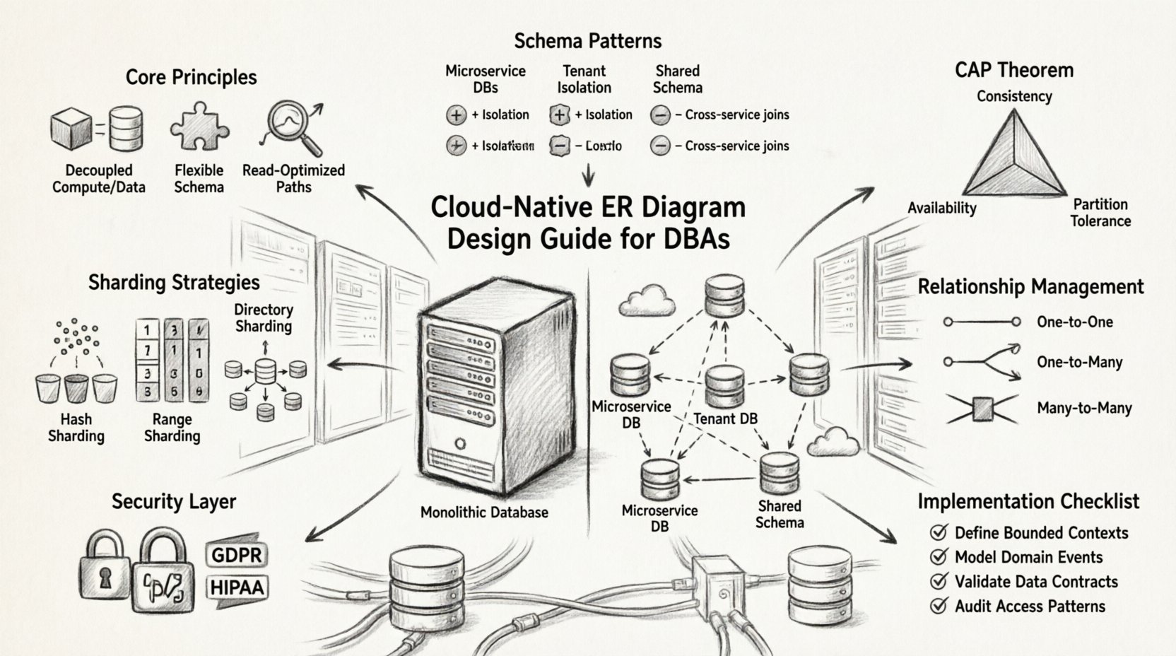 Charcoal contour sketch infographic illustrating cloud-native ER diagram design principles for database administrators: distributed architecture vs monolithic systems, core principles (decoupled compute, schema flexibility, read optimization), schema patterns comparison, CAP theorem triangle, sharding strategies, relationship management across services, security compliance layers, and implementation checklist for scalable, resilient cloud database systems