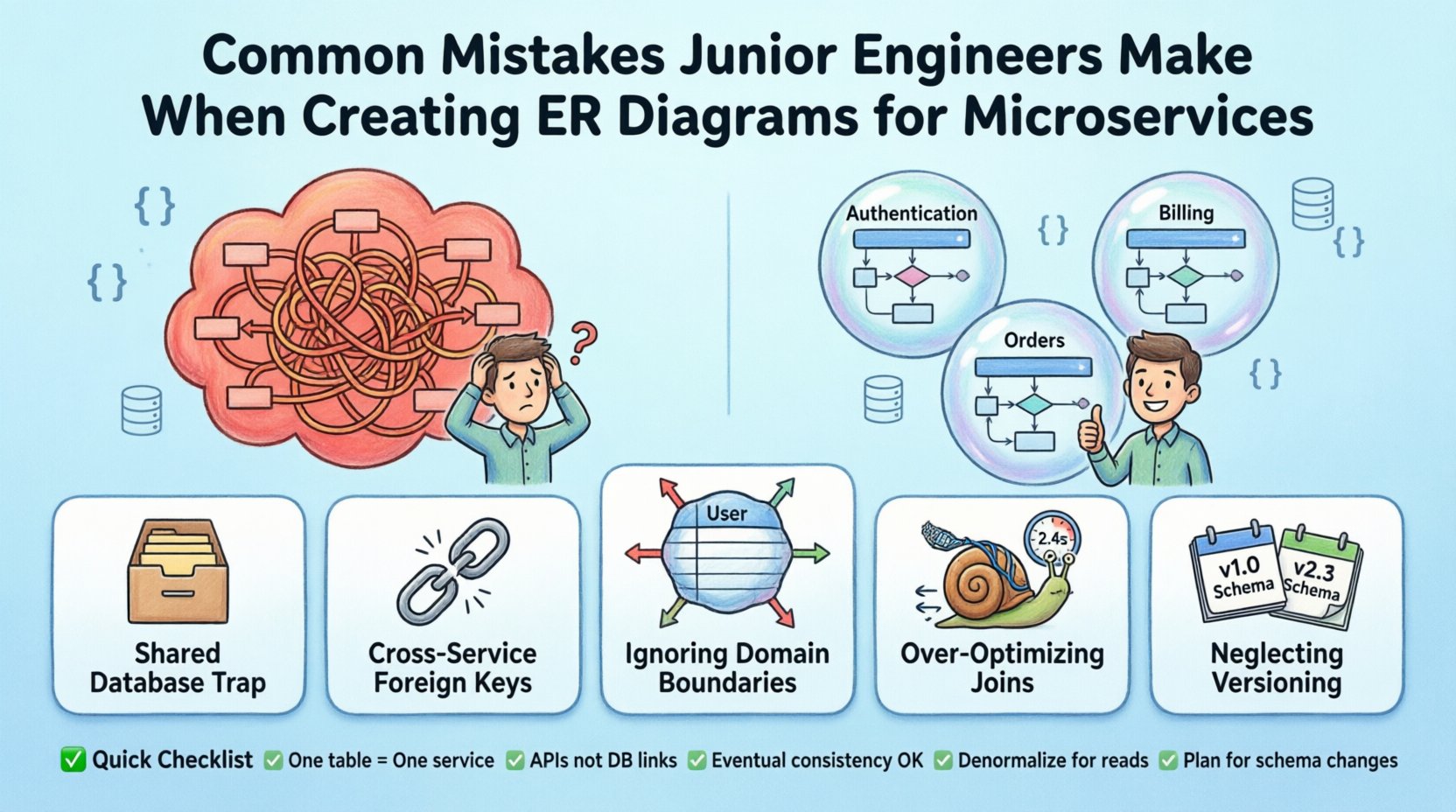 Cartoon infographic illustrating 5 common mistakes junior engineers make when designing ER diagrams for microservices: shared database anti-pattern, cross-service foreign keys, ignoring domain boundaries, over-optimizing for joins, and neglecting schema versioning. Features a split-screen comparison of monolithic vs microservices data architecture, with visual checklist of best practices including per-service data ownership, API-based communication, eventual consistency, and denormalization strategies.
