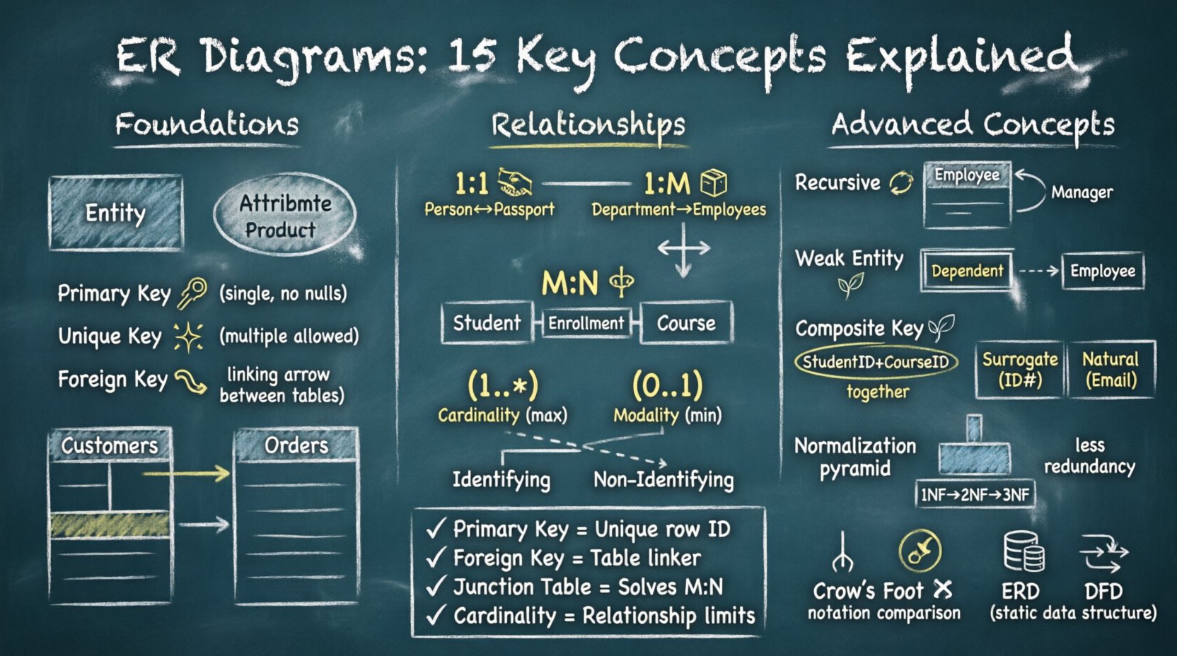 Chalkboard-style educational infographic explaining 15 key ER diagram concepts including entities, attributes, primary keys, foreign keys, one-to-one, one-to-many, many-to-many relationships, cardinality, modality, weak entities, composite keys, normalization, and notation styles, designed with hand-written teacher aesthetic for database design learning
