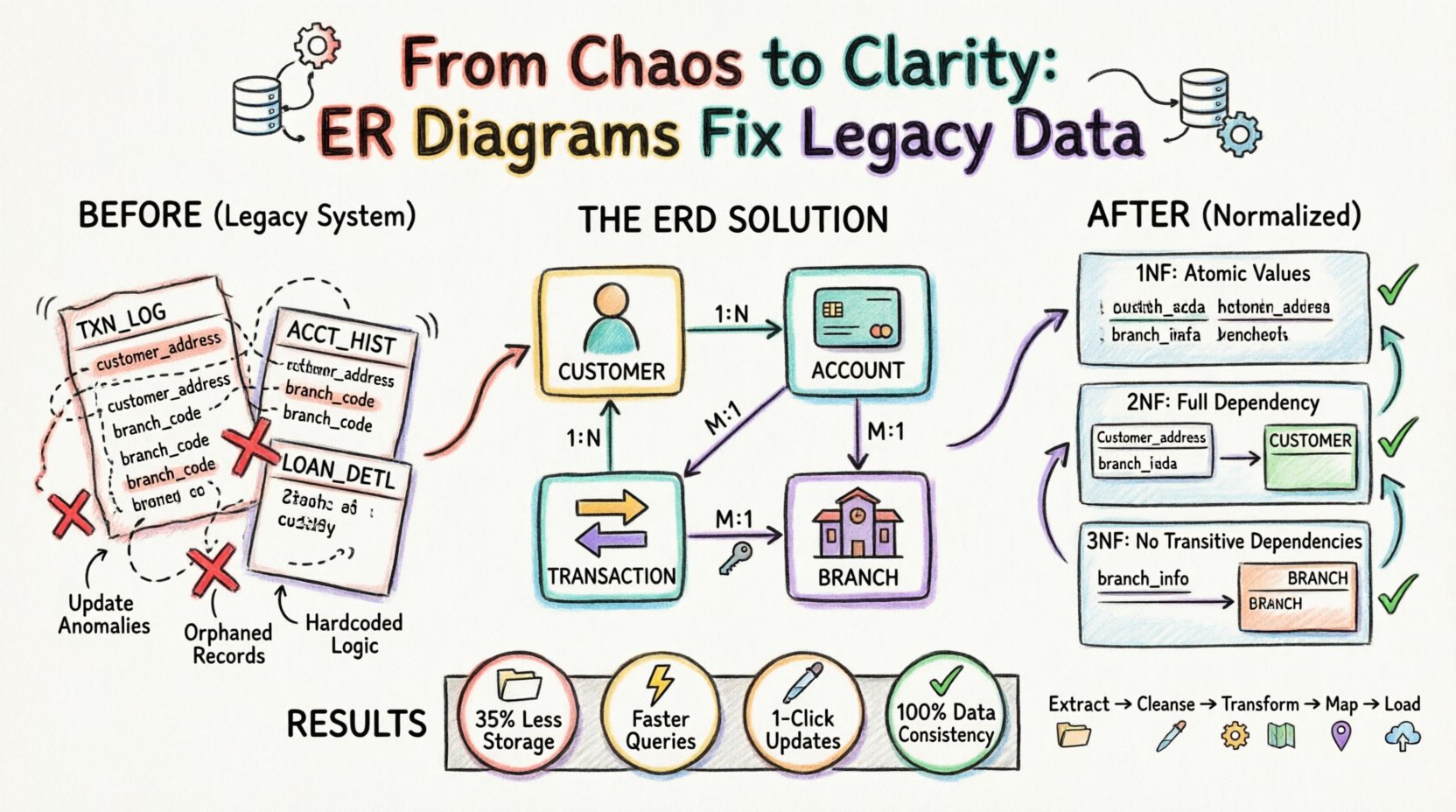 Marker-style infographic illustrating how Entity-Relationship Diagrams solve data redundancy in legacy system migration, featuring before/after database structure comparison, three normalization steps (1NF, 2NF, 3NF), visual ERD showing Customer-Account-Transaction-Branch relationships with cardinality labels, migration workflow (Extract-Cleanse-Transform-Map-Load), and key outcomes: 35% storage reduction, faster queries, single-update efficiency, and 100% data consistency