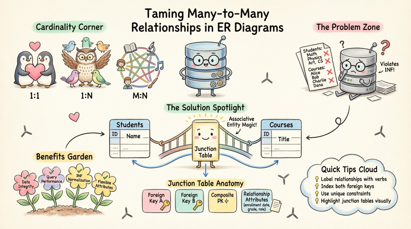 Whimsical educational infographic explaining how to handle many-to-many relationships in ER diagrams using associative entities, showing cardinality types (1:1, 1:N, M:N), the junction table pattern with foreign keys and relationship attributes, and best practices for database normalization and query performance