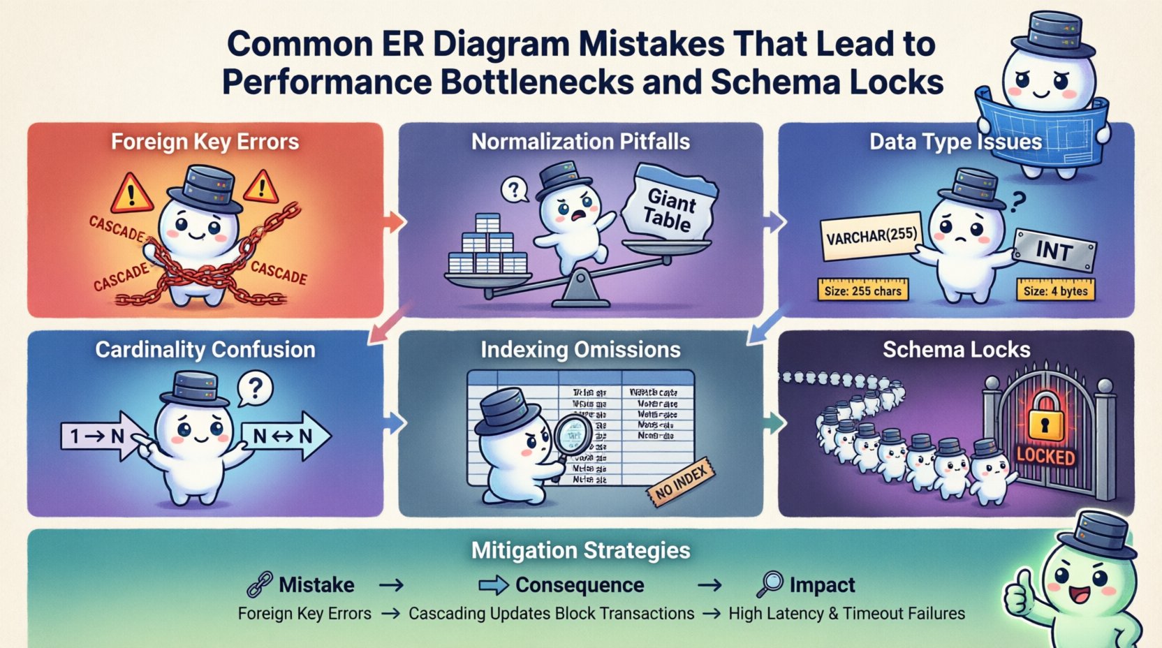 Chibi-style infographic illustrating common ER diagram mistakes that cause database performance bottlenecks and schema locks, including foreign key errors, normalization pitfalls, data type issues, cardinality misinterpretations, indexing omissions, and lock escalation, with visual mitigation strategies for better database schema design