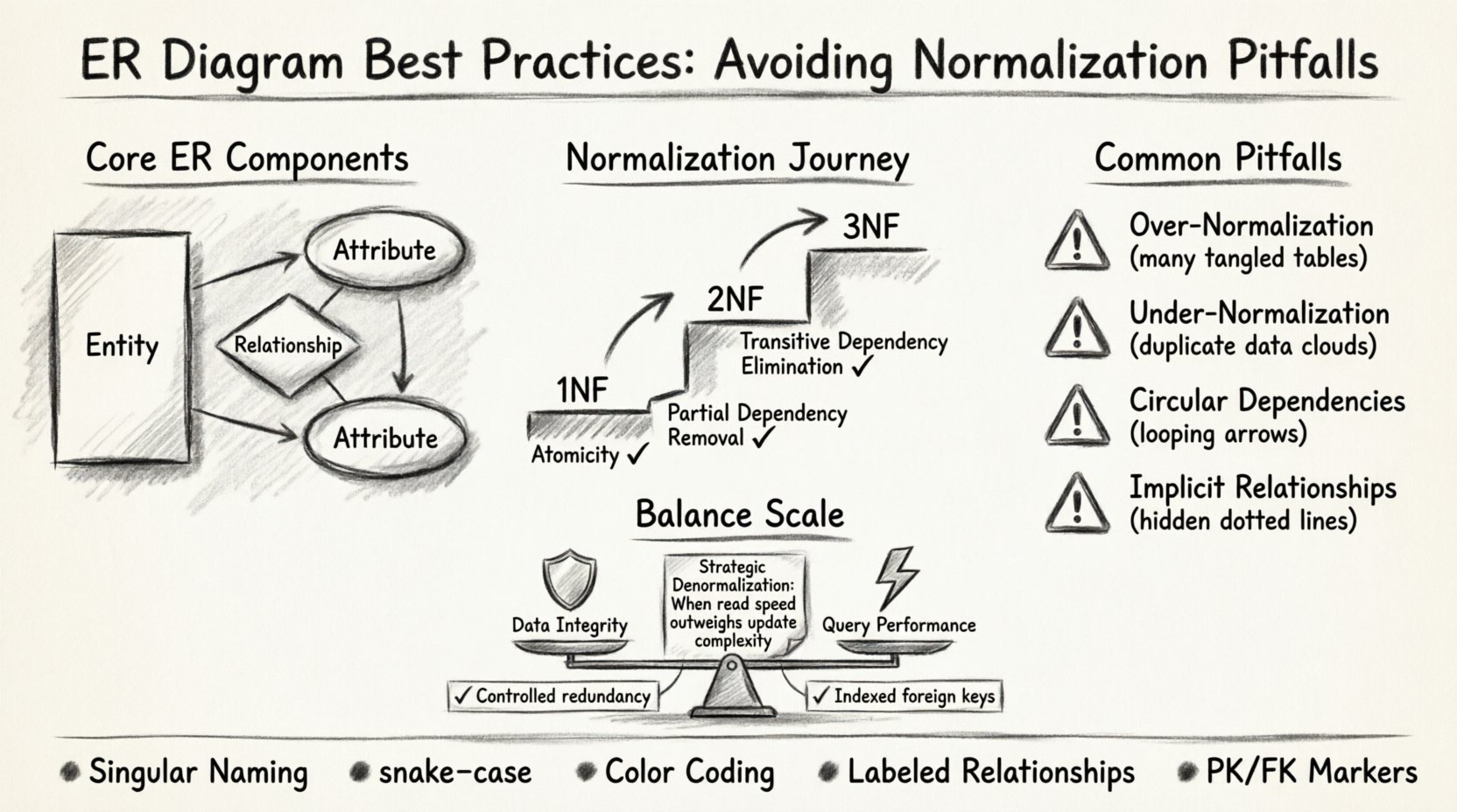 Charcoal sketch infographic illustrating ER diagram best practices: core components (entities, attributes, relationships), normalization levels (1NF, 2NF, 3NF), common pitfalls (over-normalization, under-normalization, circular dependencies, implicit relationships), and performance vs integrity trade-offs for intermediate database projects