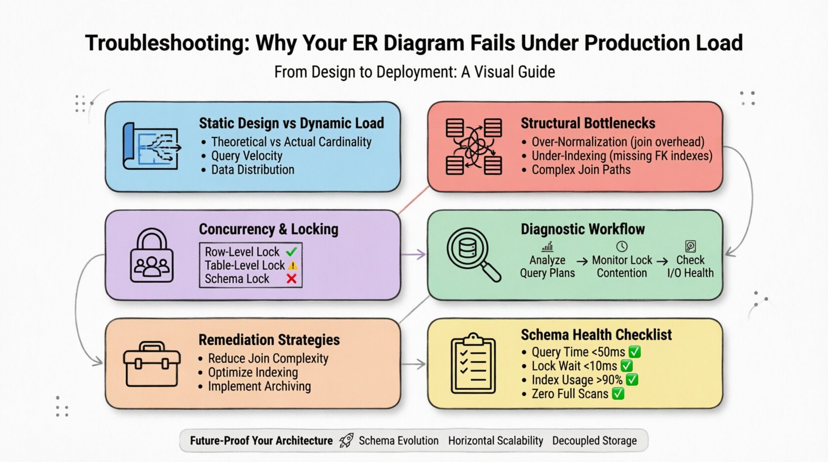 Infographic guide showing how to diagnose and fix ER diagram performance issues under production load, covering structural bottlenecks, concurrency locking, diagnostic workflows, and schema optimization strategies with pastel flat design icons and checklists