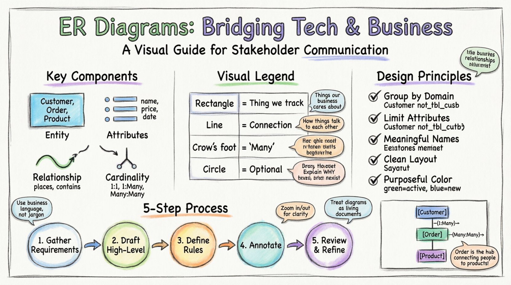 Marker-style infographic illustrating how to create Entity Relationship Diagrams that effectively communicate database structures to non-technical stakeholders, featuring key components (entities, attributes, relationships, cardinality), visual symbol legend, stakeholder-centric design principles, a 5-step creation process, and a simplified e-commerce example with customer-order-product relationships